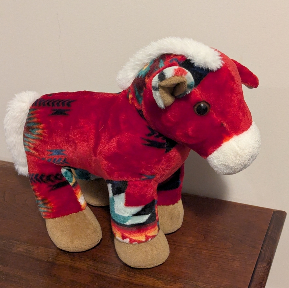 Aztec Blanket Pattern,Red and White Plush Horse Or Donkey Plush Toy.  EUC.
